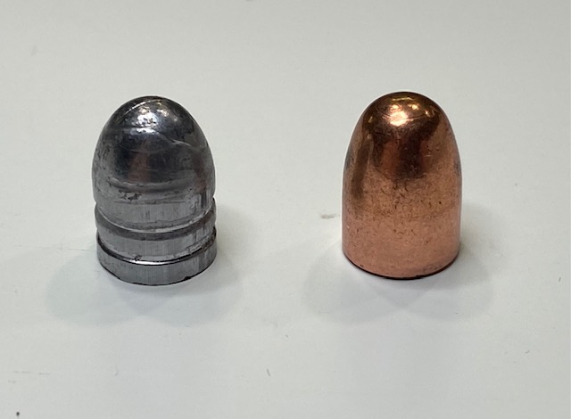 Left: Lead cast bullet. Right: Copper Jacketed bullet