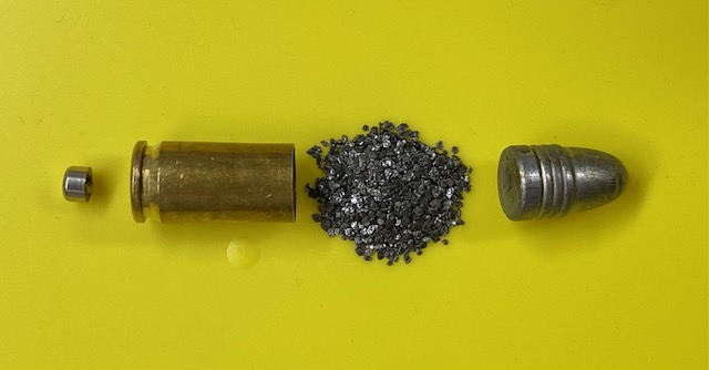 Primer, brass casing, powder, bullet