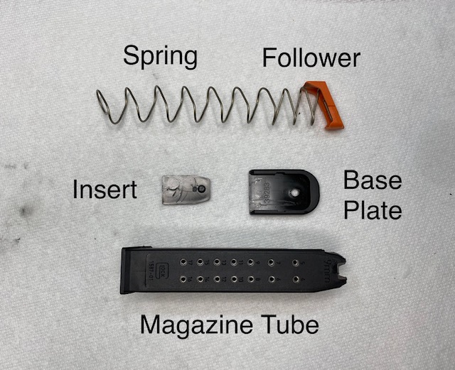 How To Remove a Glock Magazine Base Plate: Glock Magazine Parts: Base Plate, Insert, Spring, Tube and Follower